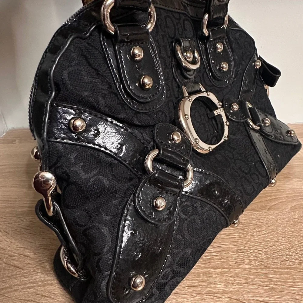 VTG GUESS Y2K Ostrich Print Shoulder Bag Black Patent Leather Indie Sleaze Glam - Picture 12 of 14